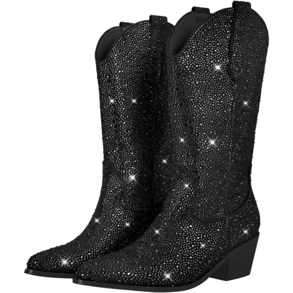 Sparkly Rhinestones Fauxt Sequins Black Leather High Calf Heeled Boots For Women - Picture 1 of 5